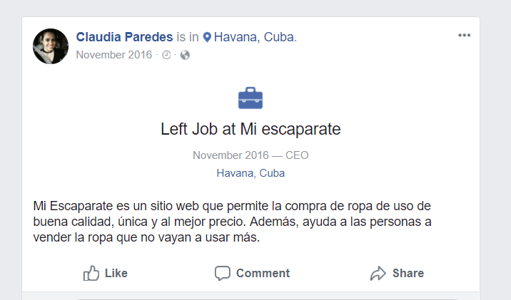 Captura de pantalla de publicación en Facebook de Claudia Paredes, CEO de Mi Escaparate.