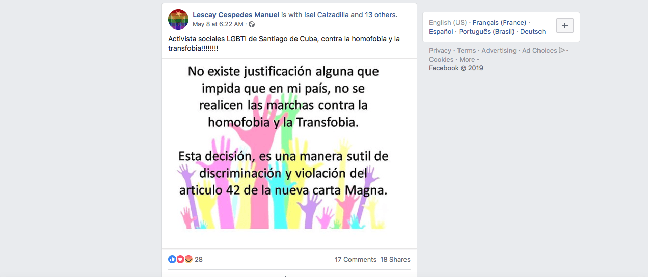 Captura de pantalla de publicación en Facebook de activista cubano de la comunidad LGBT.