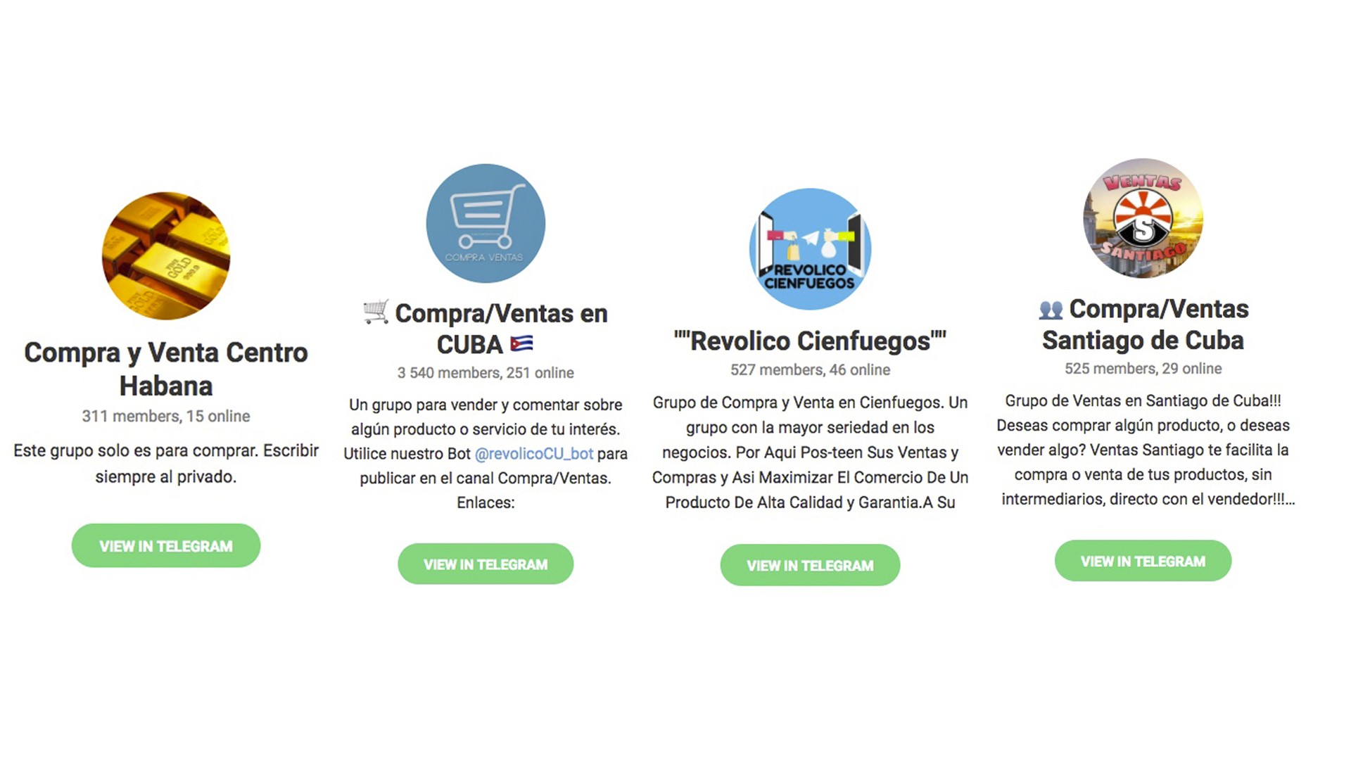 Varios grupos de Telegram dedicados a la publicación de clasificados en Cuba.
