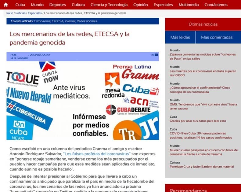 Captura de pantalla artículo de CubaSí
