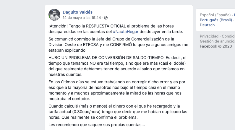 Captura de pantalla de publicación de Daguito Valdés en Facebook